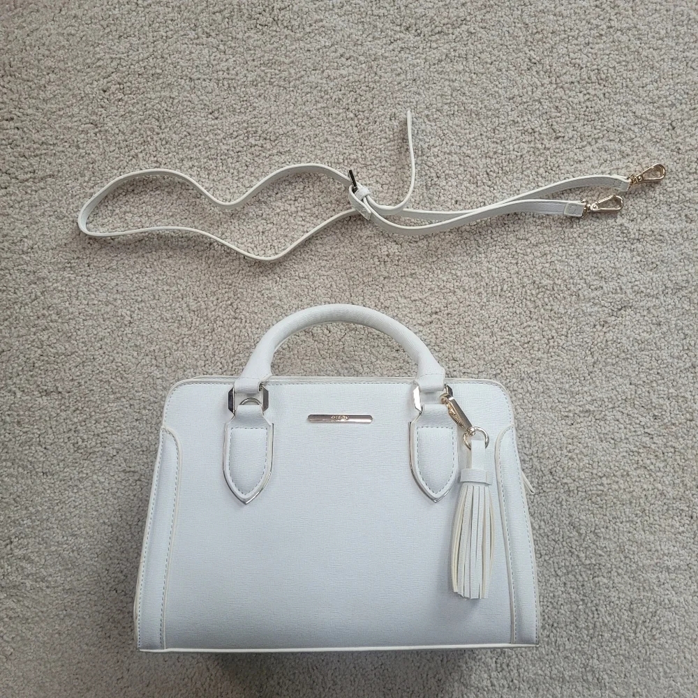 Chic White Faux Saffiano Leather Satchel with Gold Hardware & Tassle